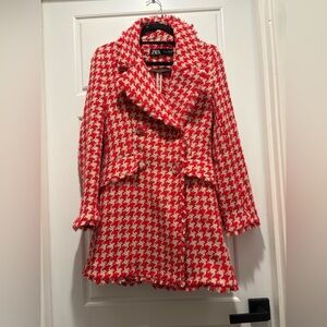 ZARA Houndstooth Textured Tweed Double Breasted Coat Jacket Frayed - size Small